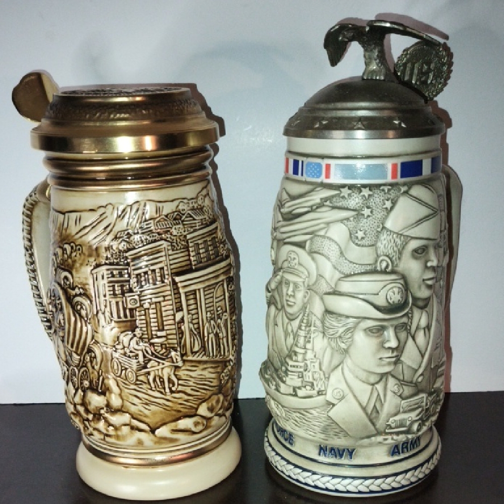 Avon Tribute To the American Armed Forces And The Gold Rush Steins $27.00 Firm